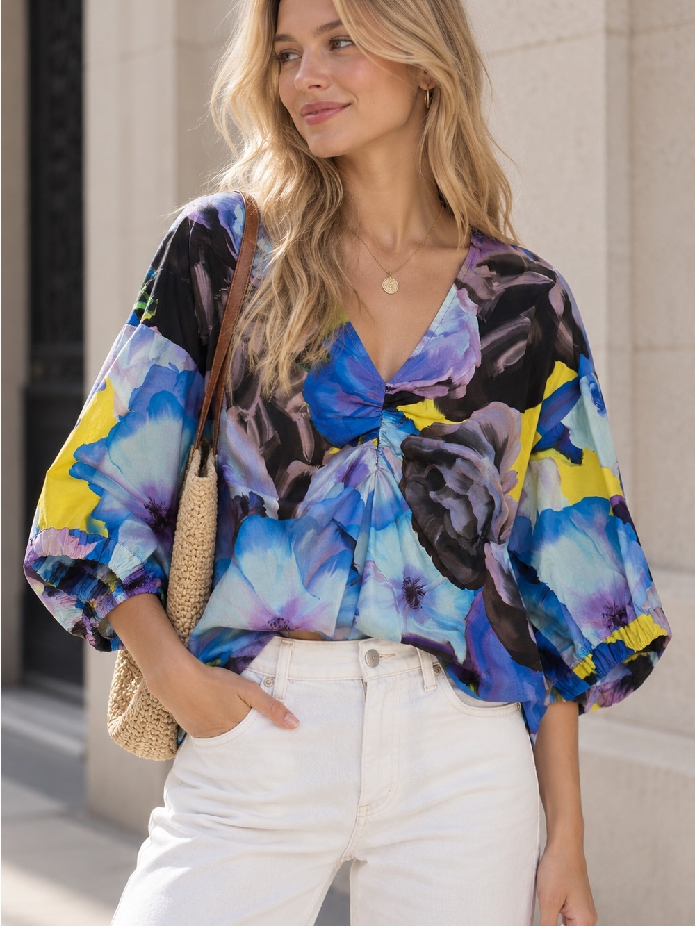 MSGM Multicolor Blue Floral V-Neck Blouse with Yellow Accents